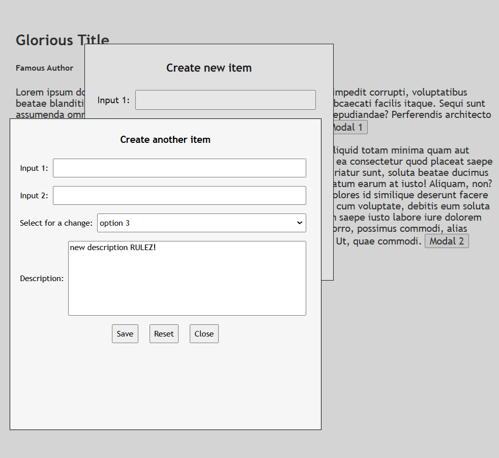 web page with two modal forms open