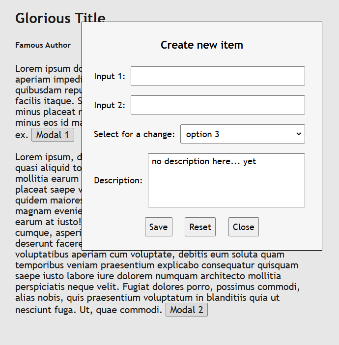 web page with modal form open