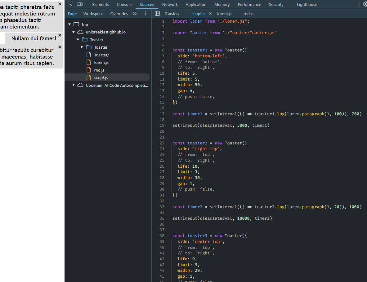 toaster initialization examples in script