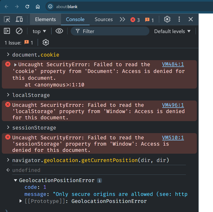 Developer Tools Console with errors from limitations