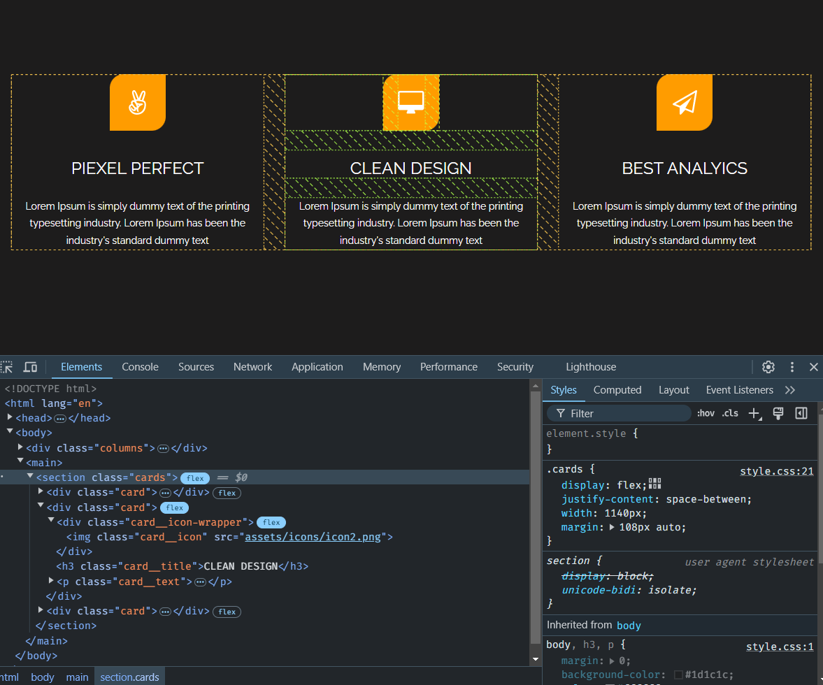 flex layout with Developer Tools overlay guides