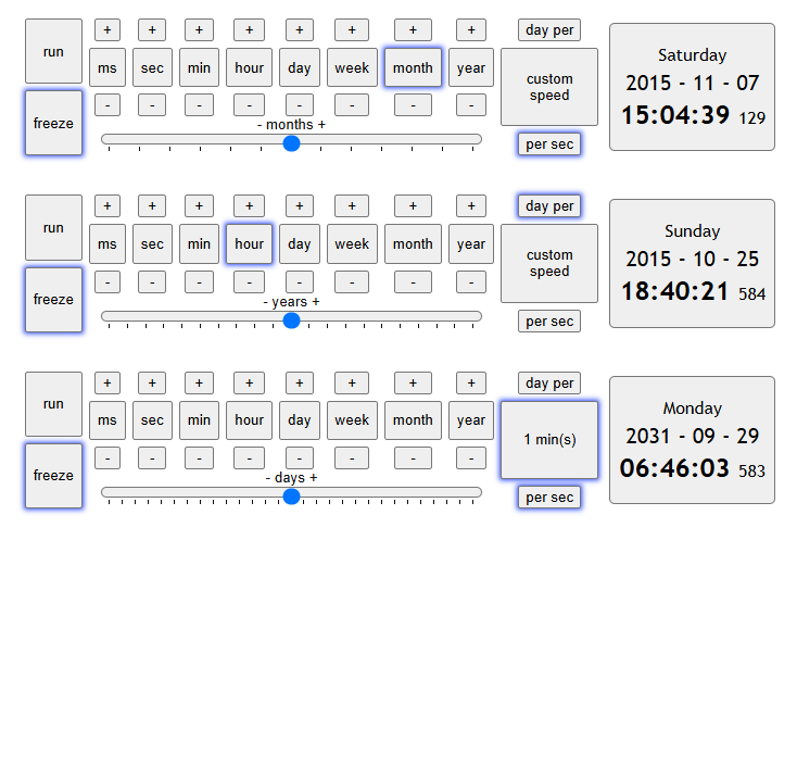 three panels with custom timelines controls