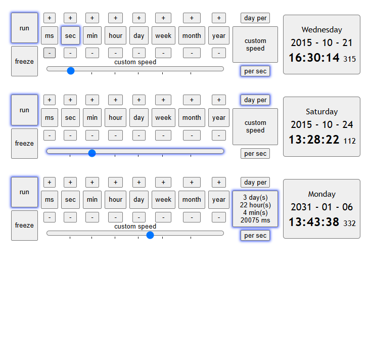 three panels with custom timelines controls