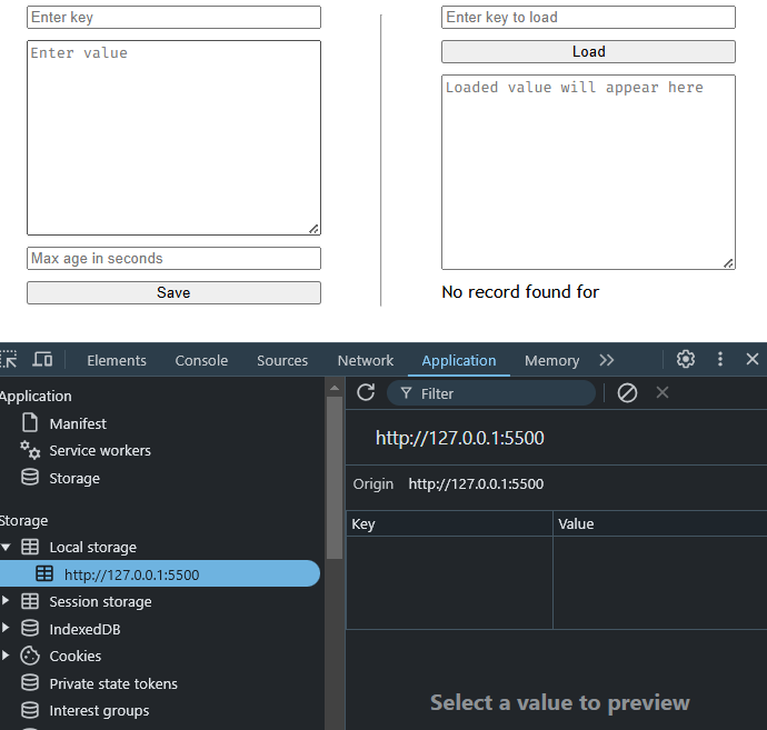 two forms with local storage view in Developer tools