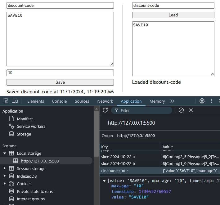 two forms with local storage view in Developer tools