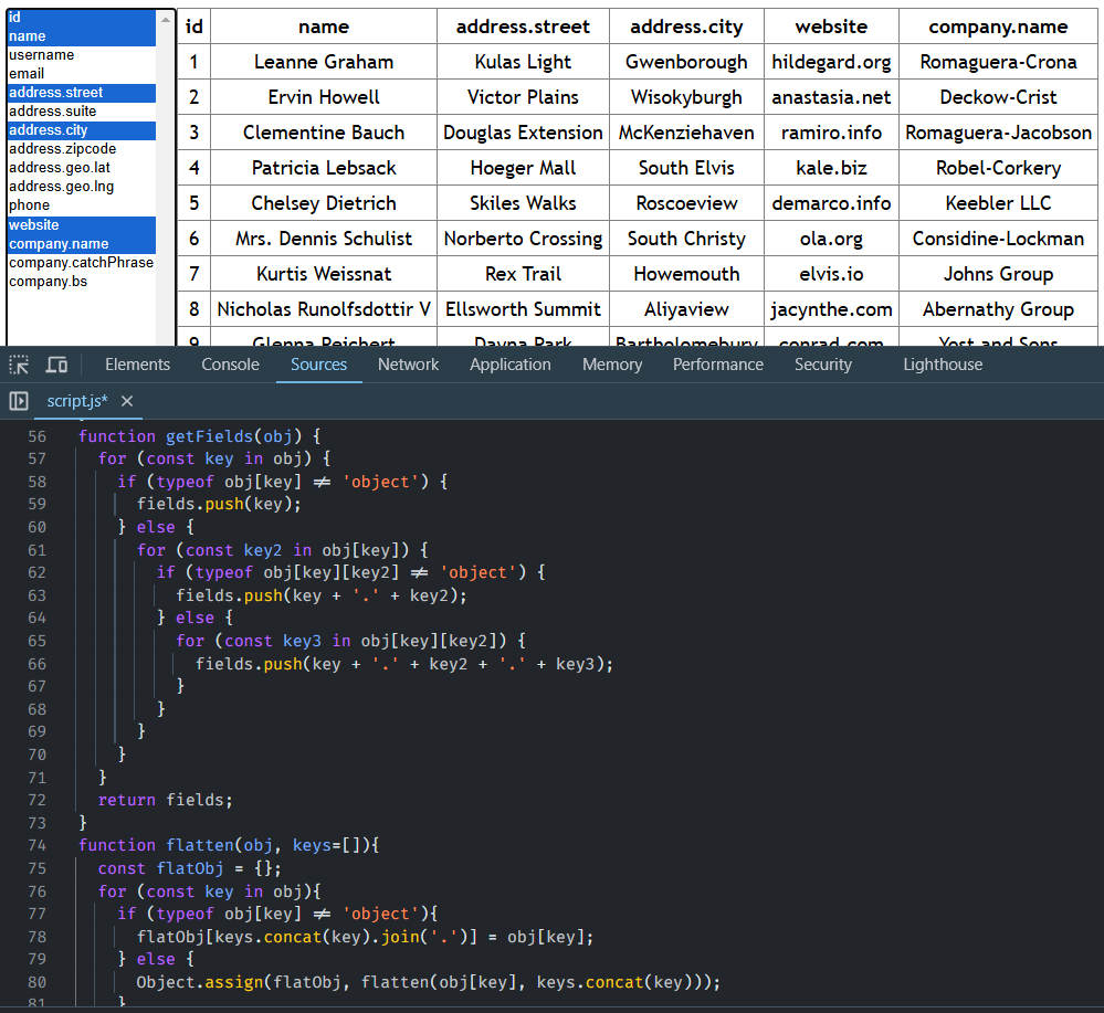 users table with selected columns only, Developer Tools open