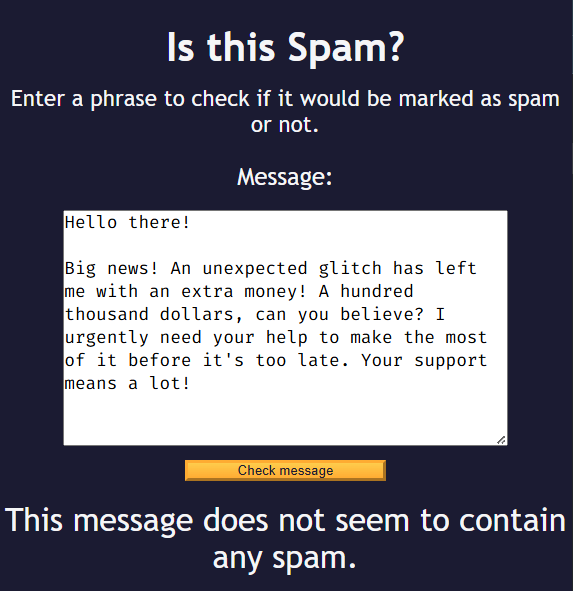 spam filter form with a spam message showing its imperfections