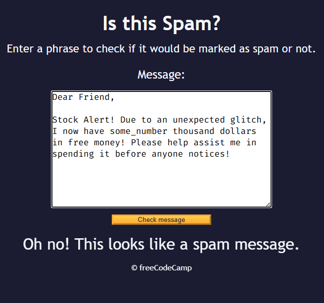 spam filter form with a spam message caught by it
