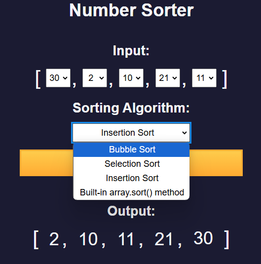 number sorter with a selection of alhorithms