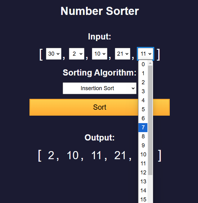 number sorter with a selection of numbers
