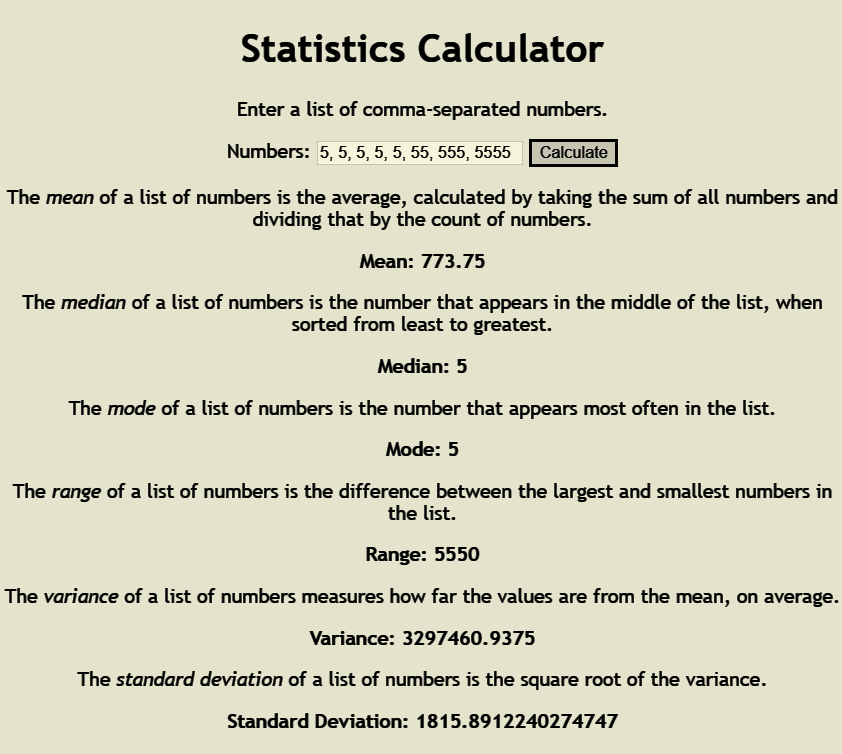statistics calculator interface in light mode with a selection of numbers