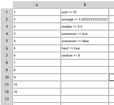 spreadsheet interface with a variety of functions used