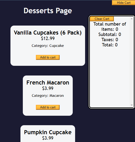dessert store interface with items and an empty cart
