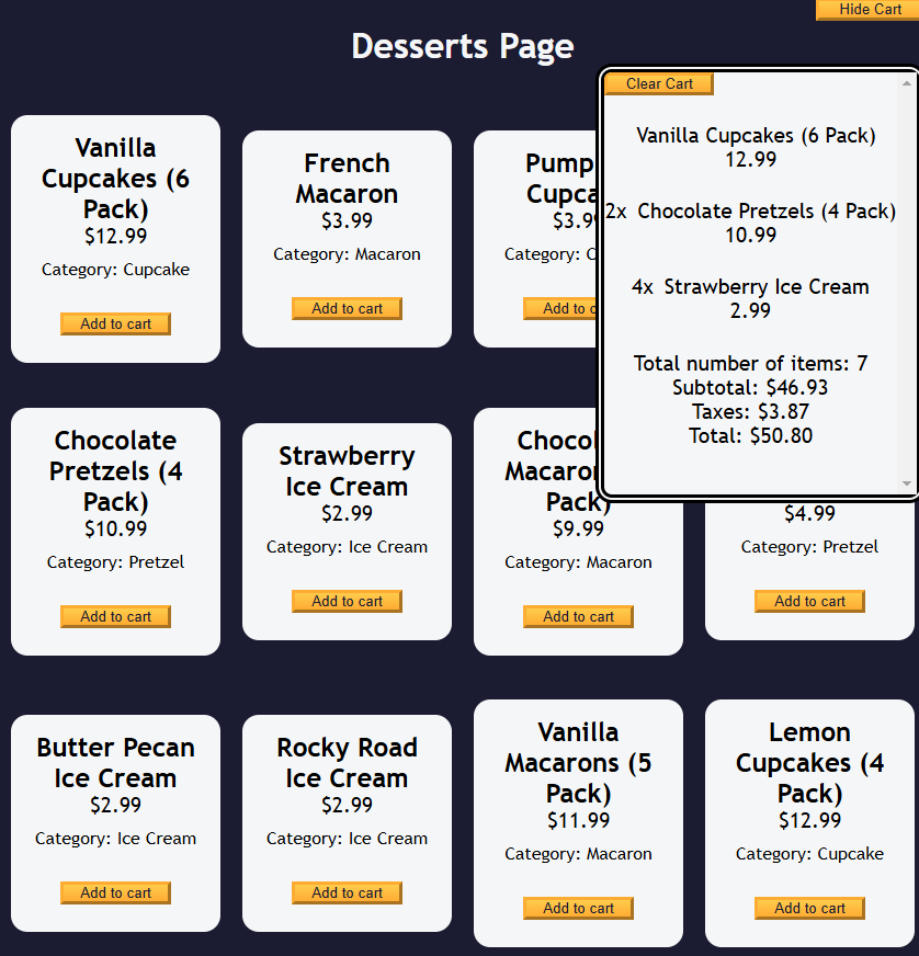 dessert store interface with a list of items and a cart