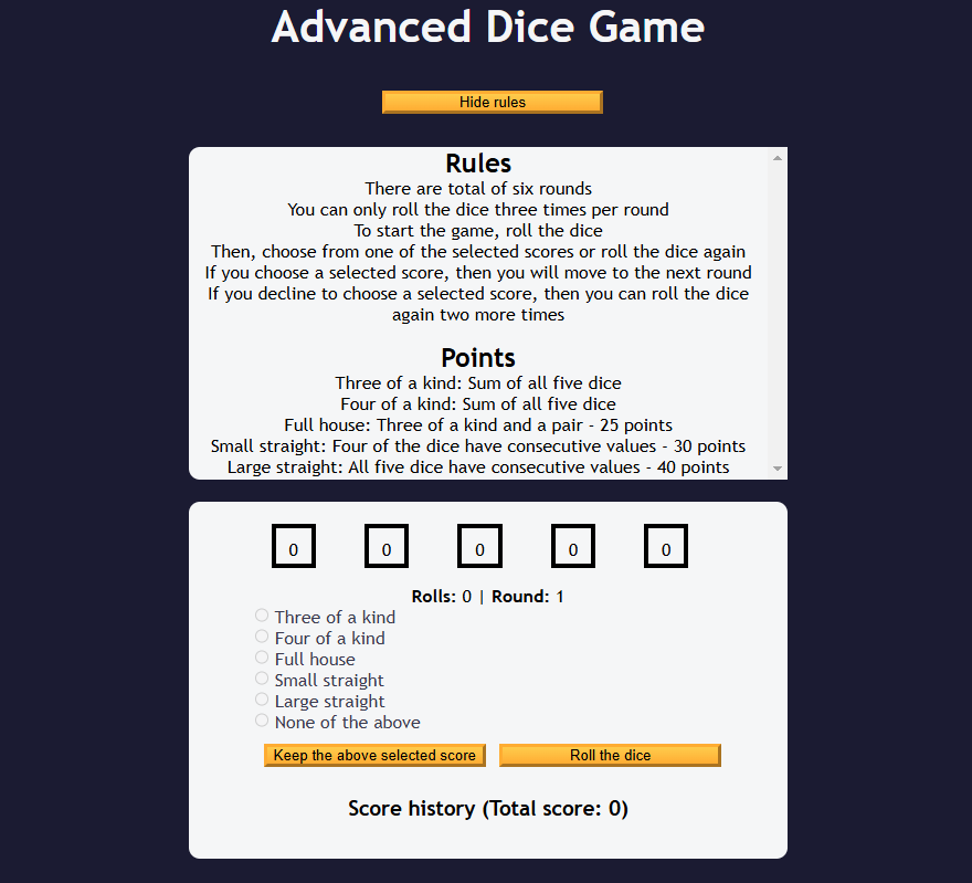 Dice game interface with rules shown