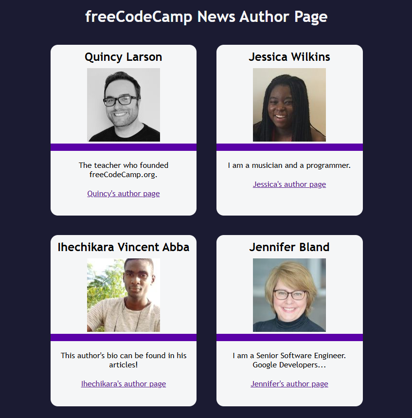 four cards with free code camp's authors