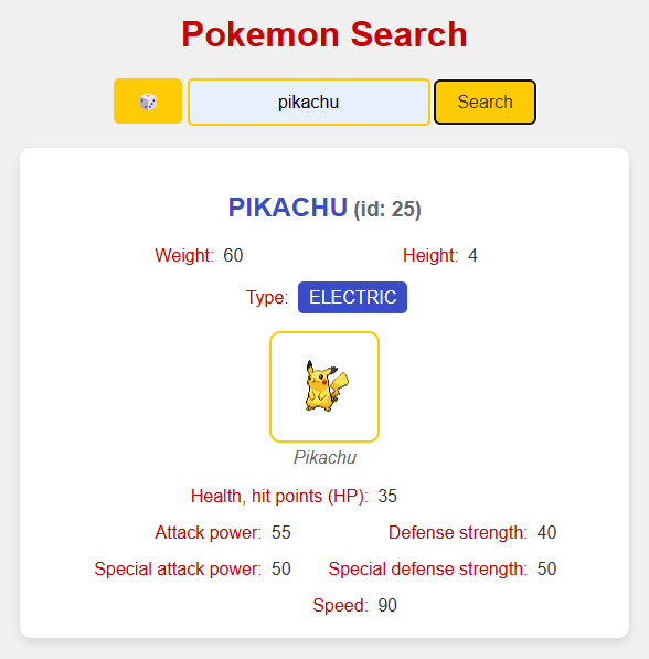 Pikachu pokemon info card