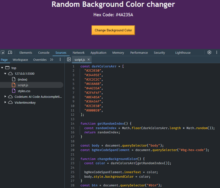 user interface with Developer Tools open