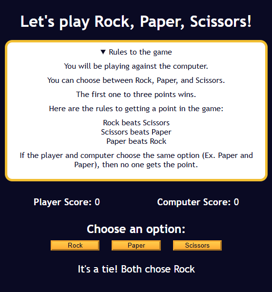 rock, paper, scissors game interface with rules