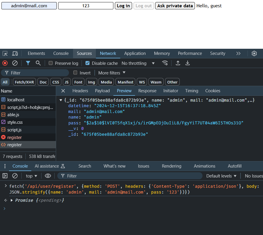 log in form with Developer Tools open