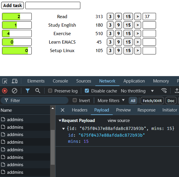 app interface with task list, buttons to track progress and Developer Tools open