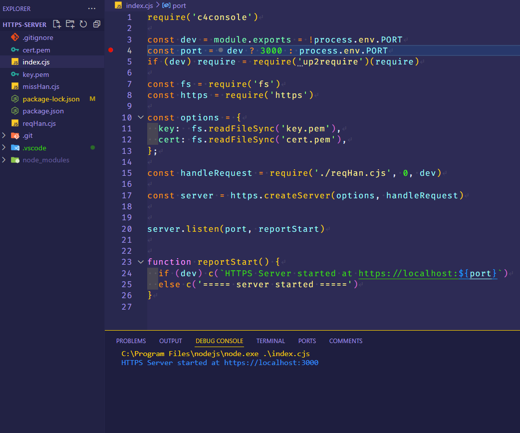 https server JavaScript code with self-signed certificate