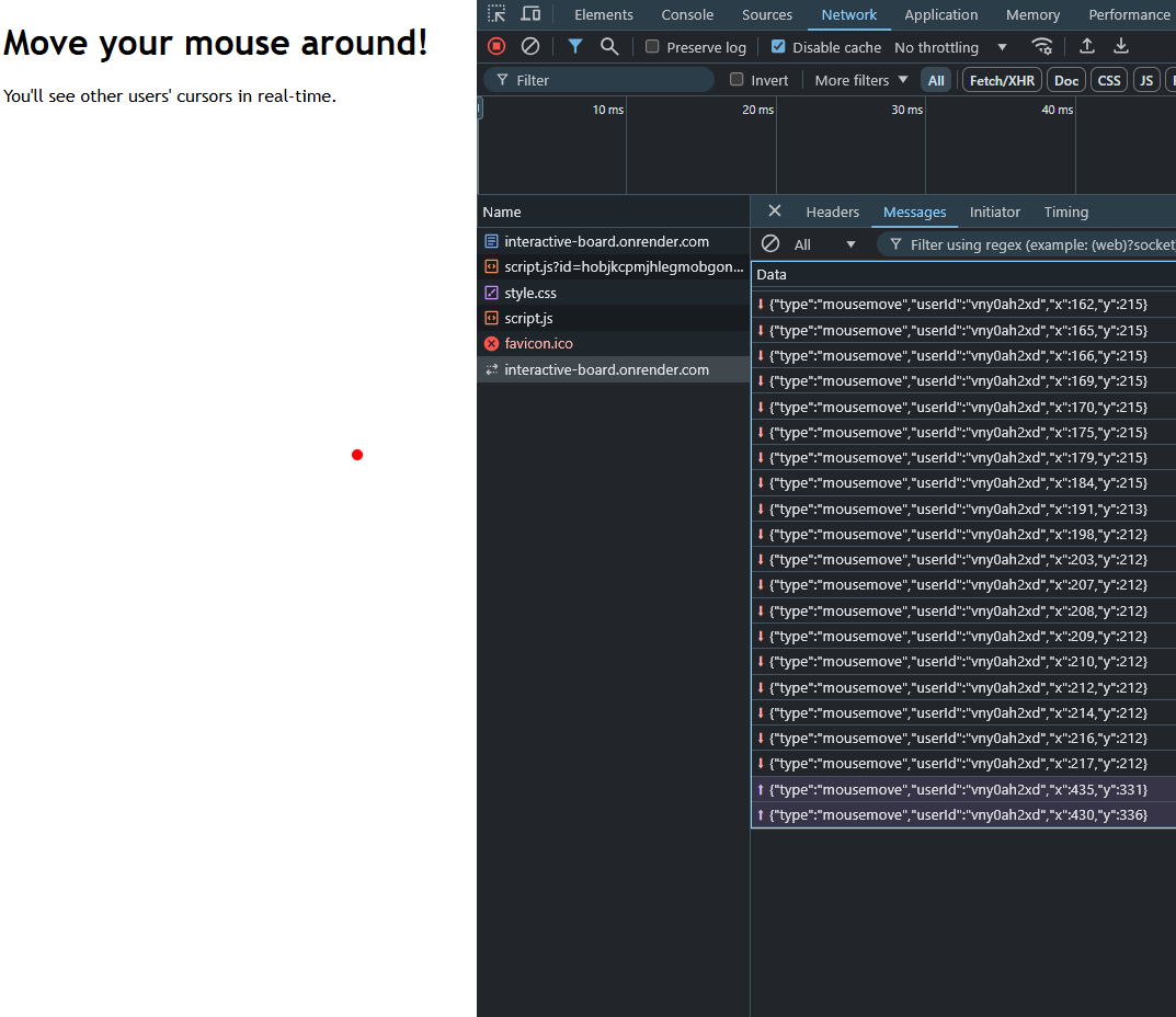 page with a pointer and Developer Tools open with websocket messages log
