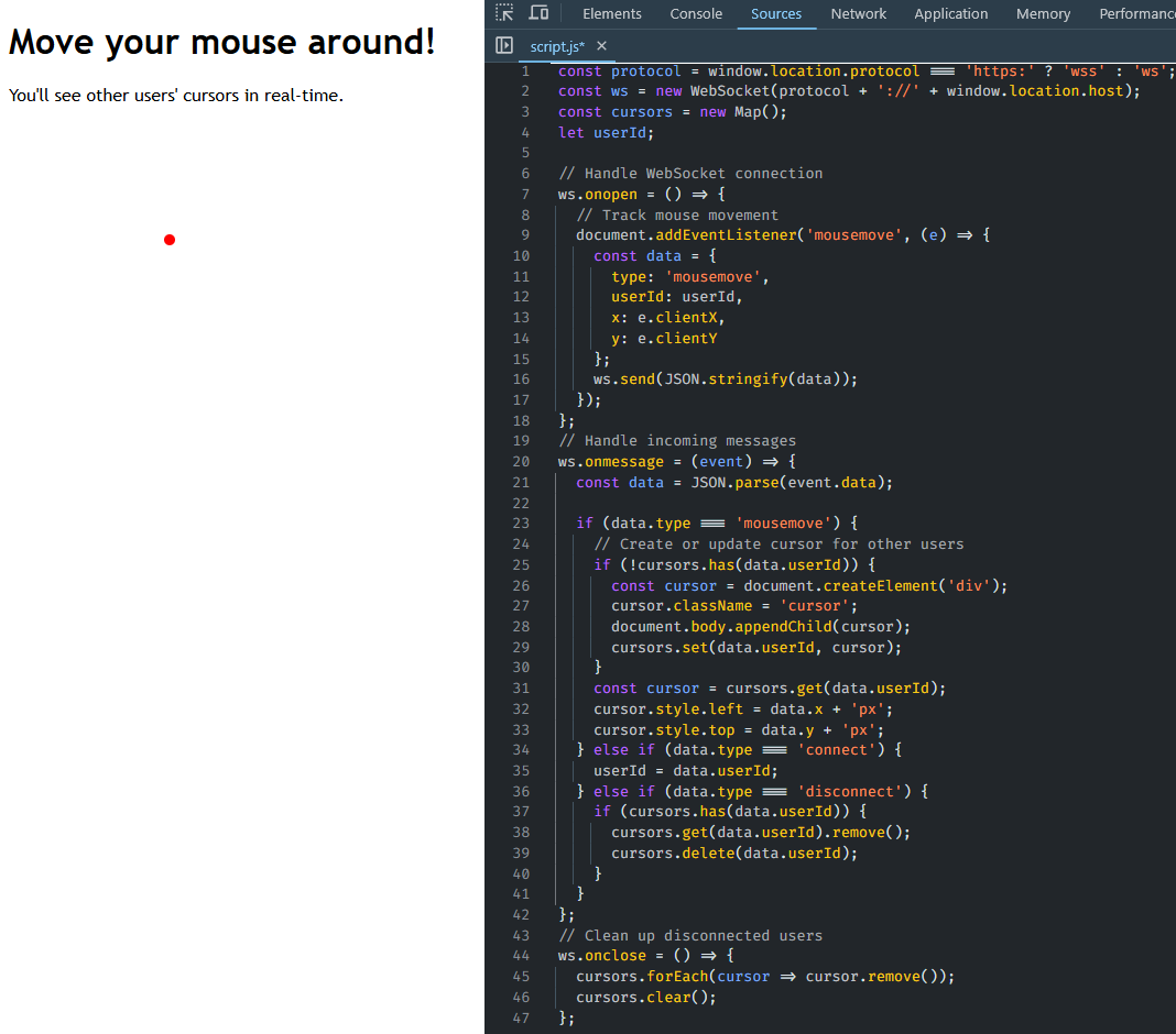 page with a pointer and Developer Tools open with source code