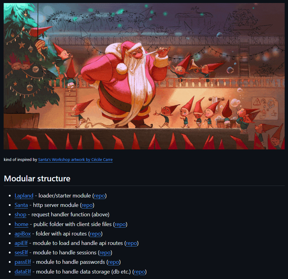 santa with elves and list of modules