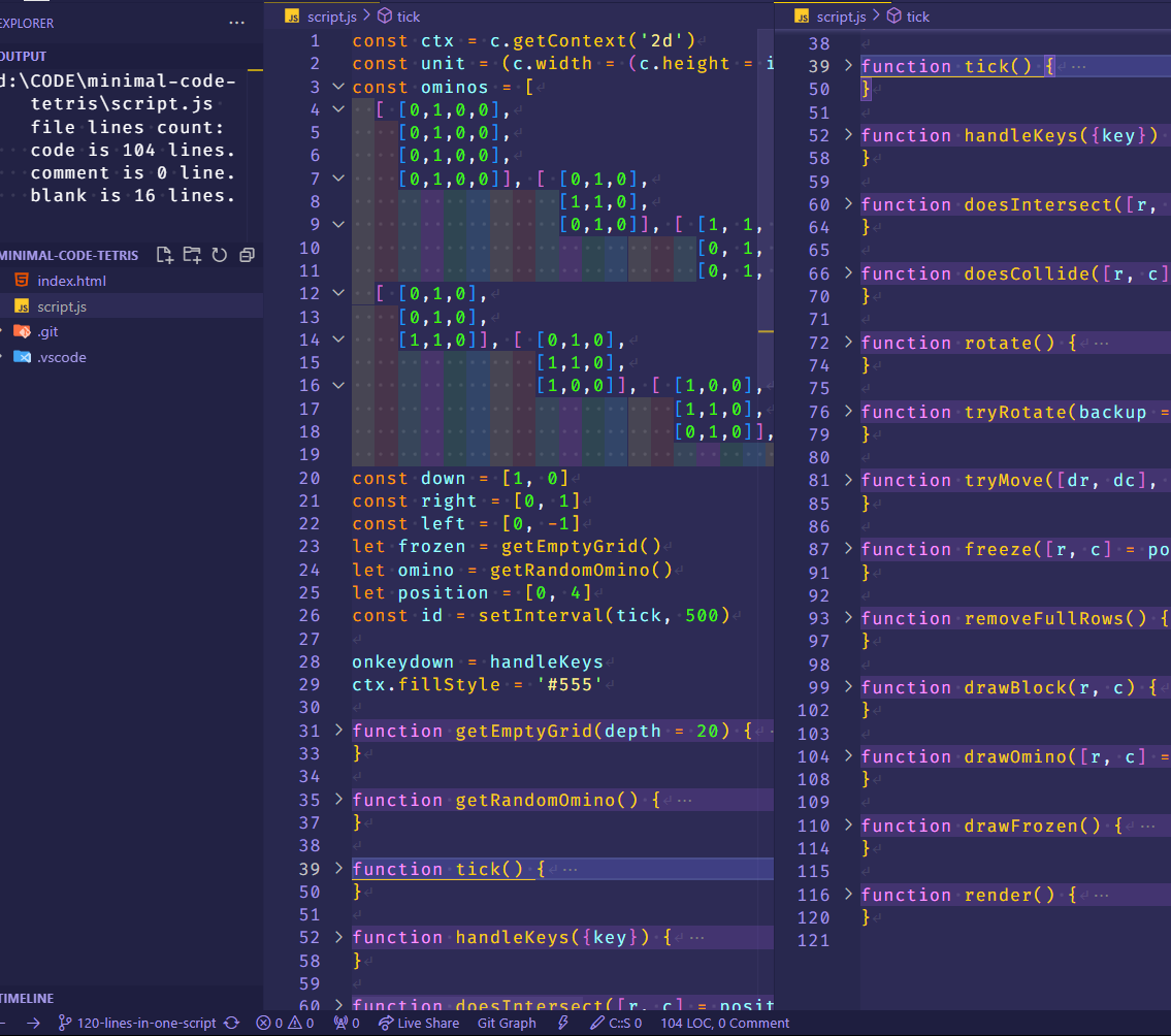 tetris JavaScript code with line count at 120