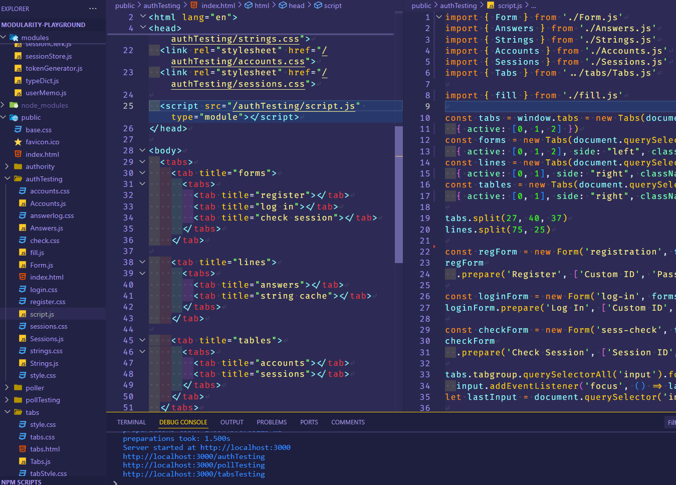 tabs markup with page scripts