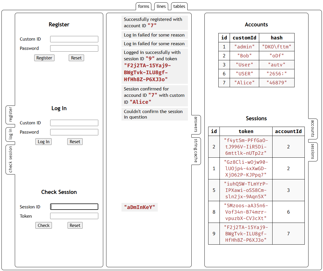 authentication testing page interface with tabs