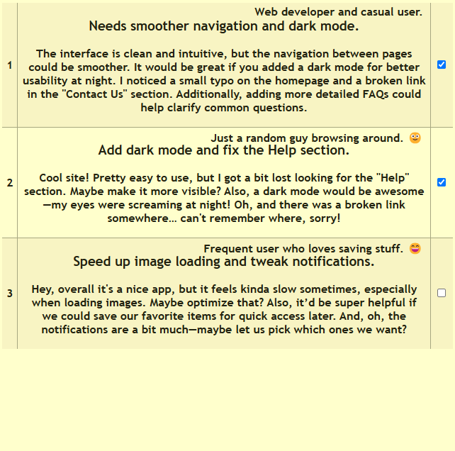 table with a list of feedback entries