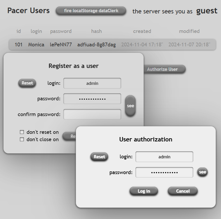 user list interface with register and login modals open