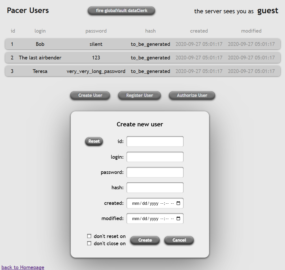 user list interface with create user modal open