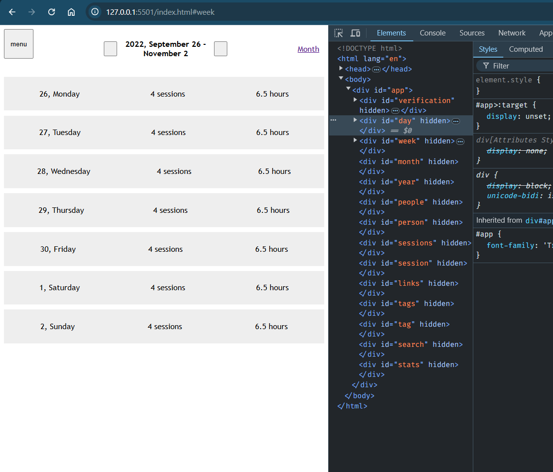 List of weekdays with sessions and Developer Tools open