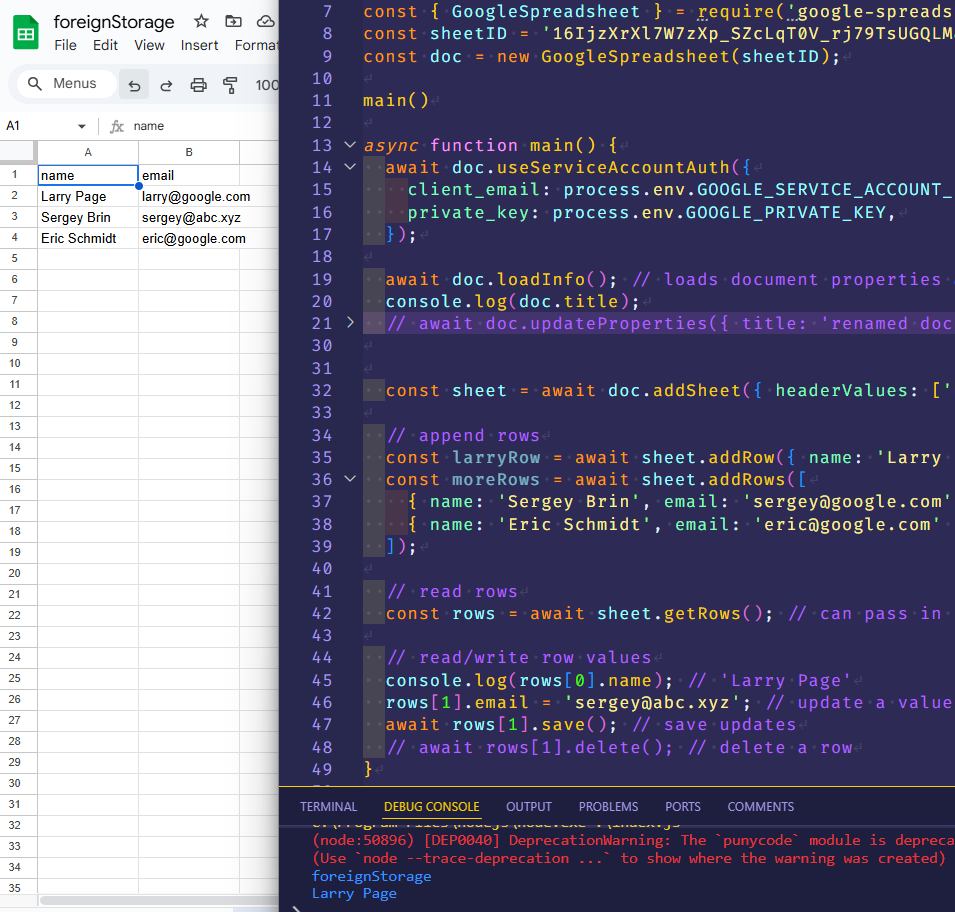 script result shown in a spreadsheet
