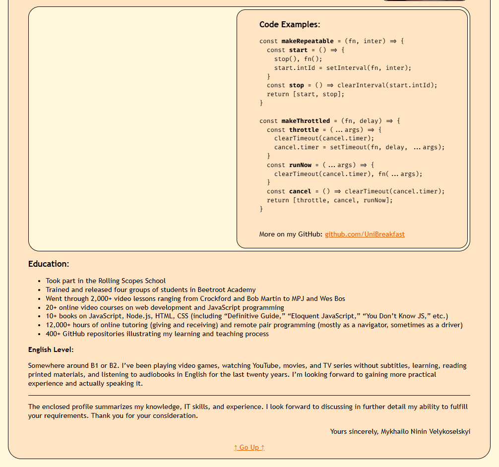 CV of Mykhailo Ninin Velykoselskyi with a code example