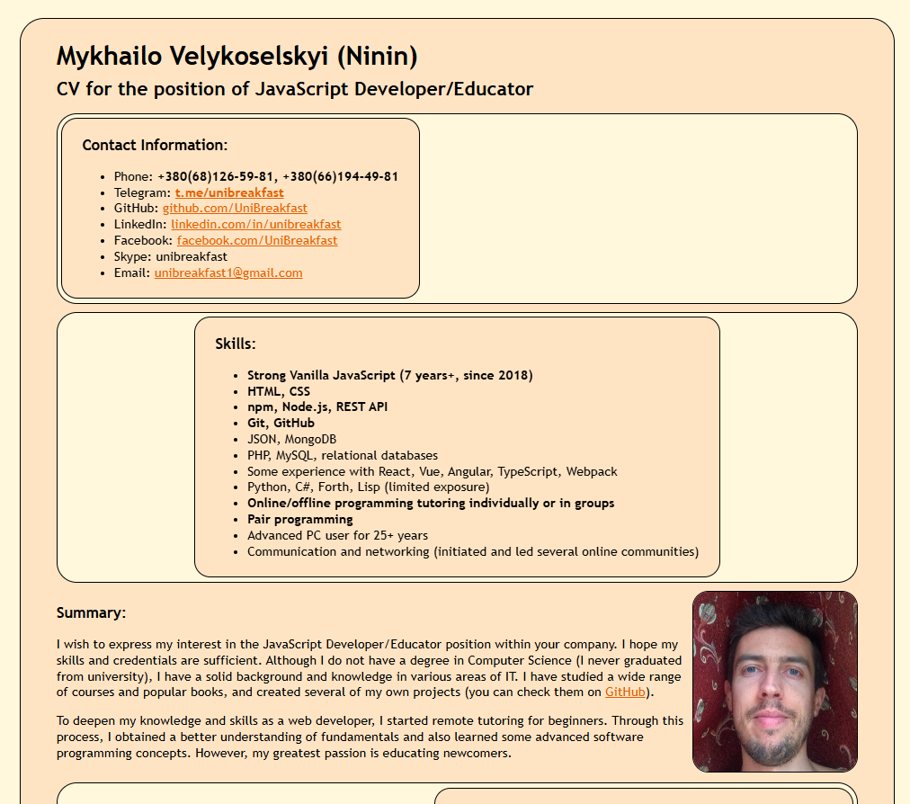 CV of Mykhailo Ninin Velykoselskyi with a photo