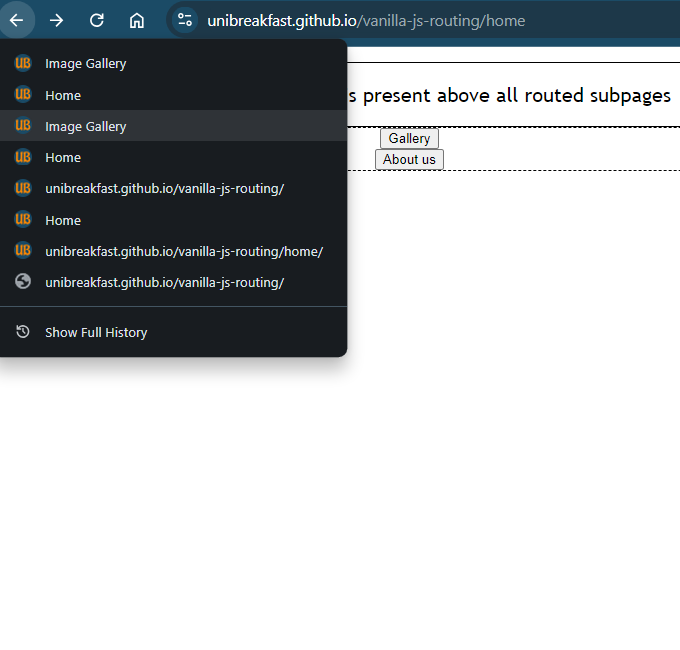 back menu showing previously visited subpages