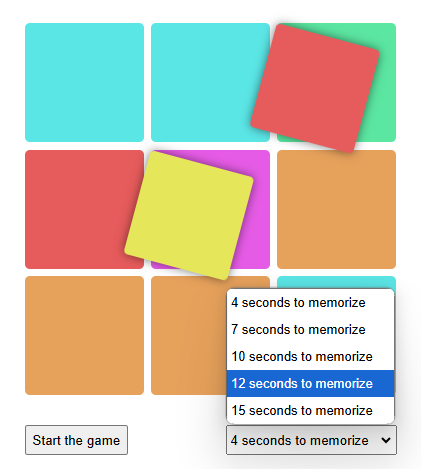 game screen with nine colorful squares, difficulty selector is open