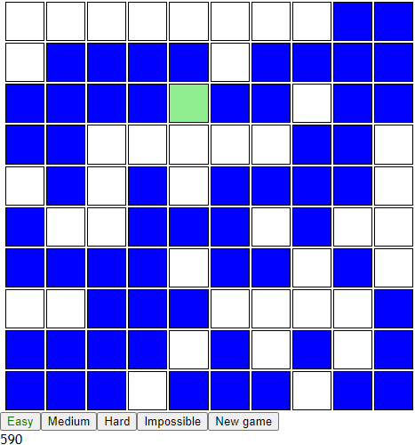 whack-a-mole game grid with white, blue and green squares
