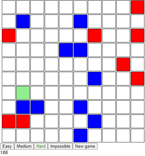 whack-a-mole game grid with white, blue, red and green squares